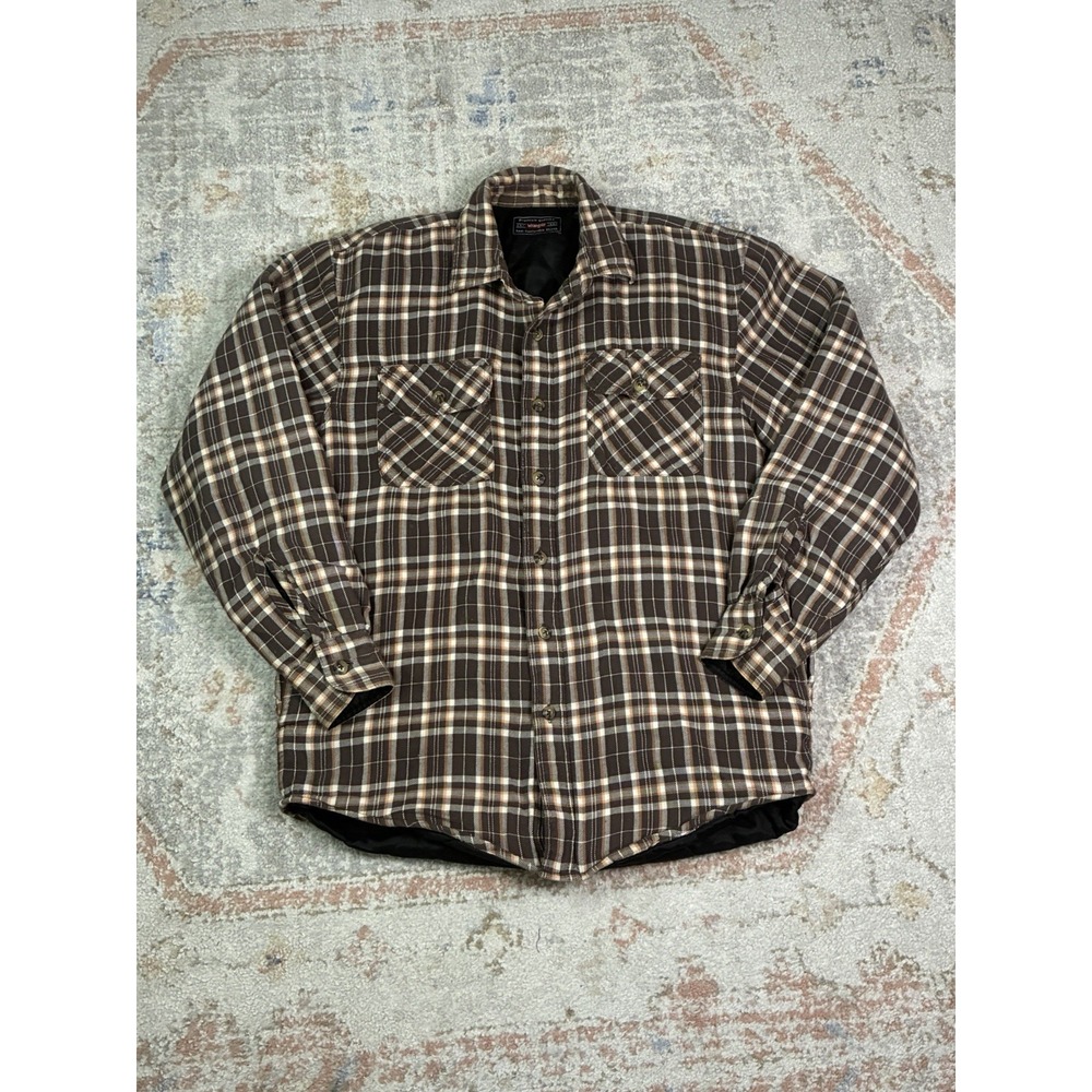 Wrangler Mens Quilted Lined Flannel Shirt Jacket Brown Plaid Shacket Small